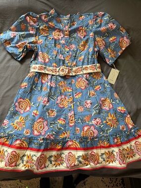 Joie Blue Floral Belted Dress with Cream Trim